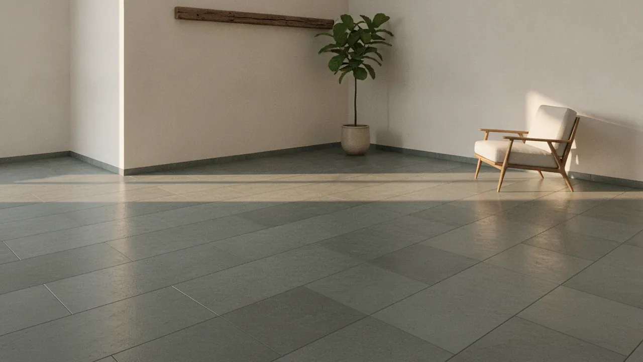 Grey-green Kota stone flooring in a minimalist room with white walls, a potted plant and a wooden armchair