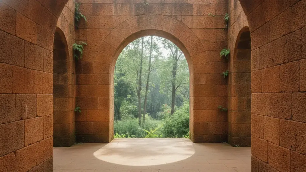 Laterite stone walls and arched openings framing a green forest view, with sunlight falling on a smooth floor