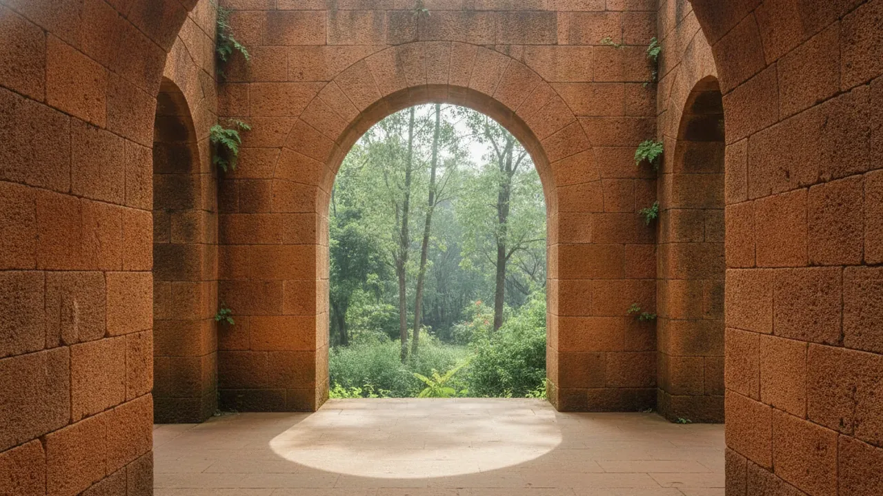 Laterite stone walls and arched openings framing a green forest view, with sunlight falling on a smooth floor