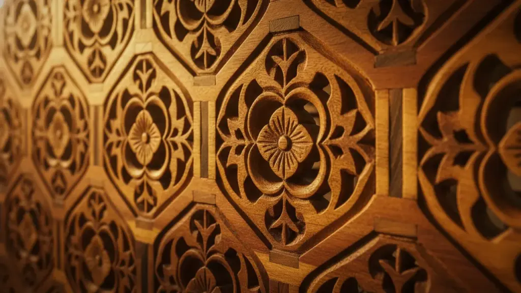 Close-up of a carved wooden jaali screen with floral and geometric latticework in warm golden light