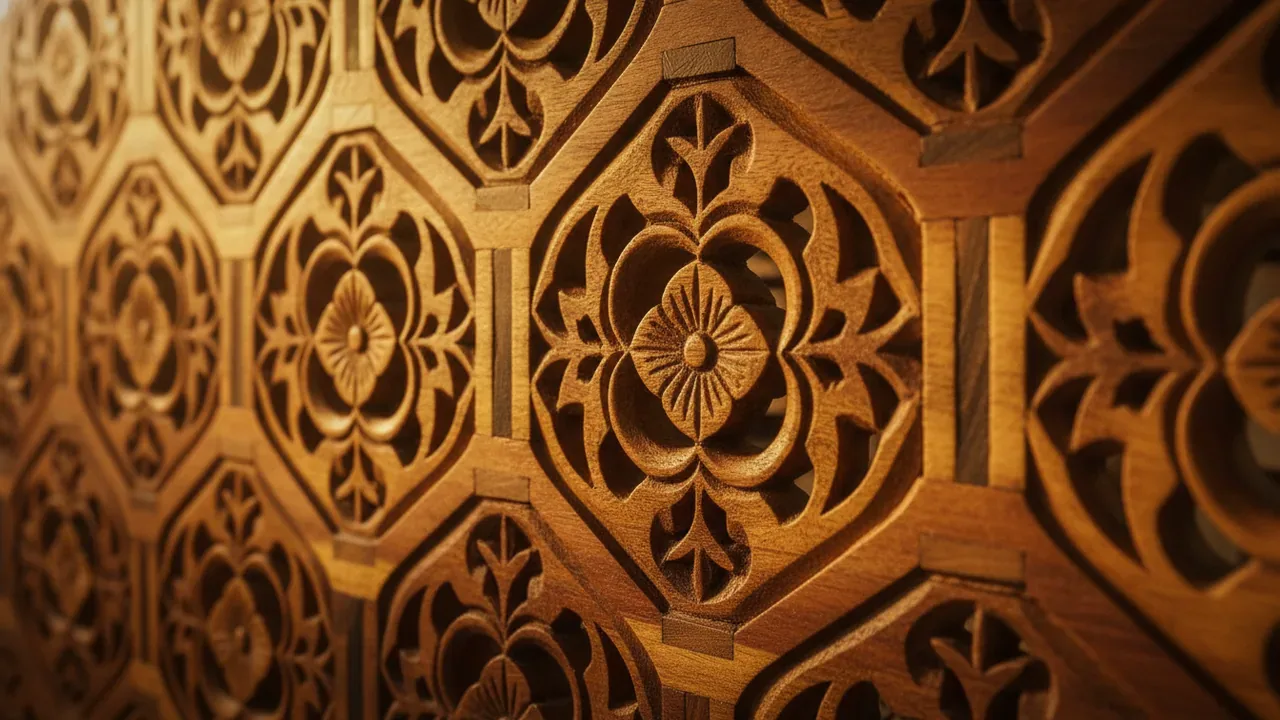 Close-up of a carved wooden jaali screen with floral and geometric latticework in warm golden light