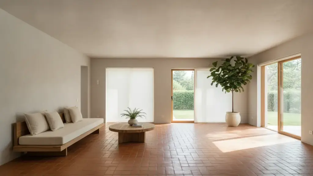 Sunlit living room with a terracotta clay tile floor, low wooden daybed, potted fig and glazed doors to a garden