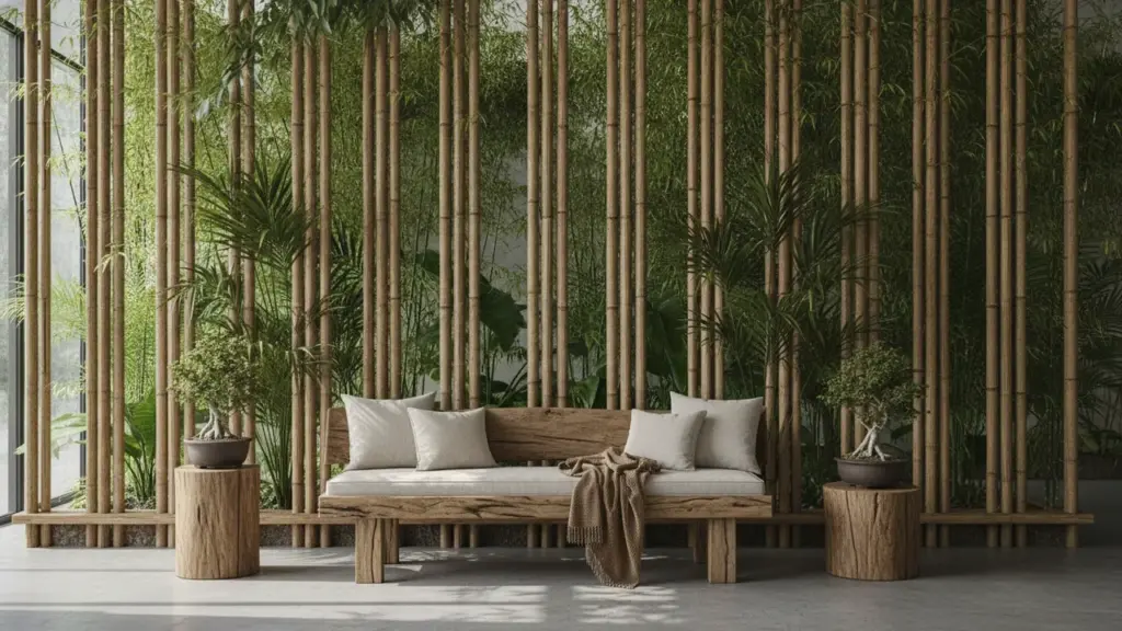 Vertical bamboo pole screen behind a timber daybed, with green planting and a polished concrete floor