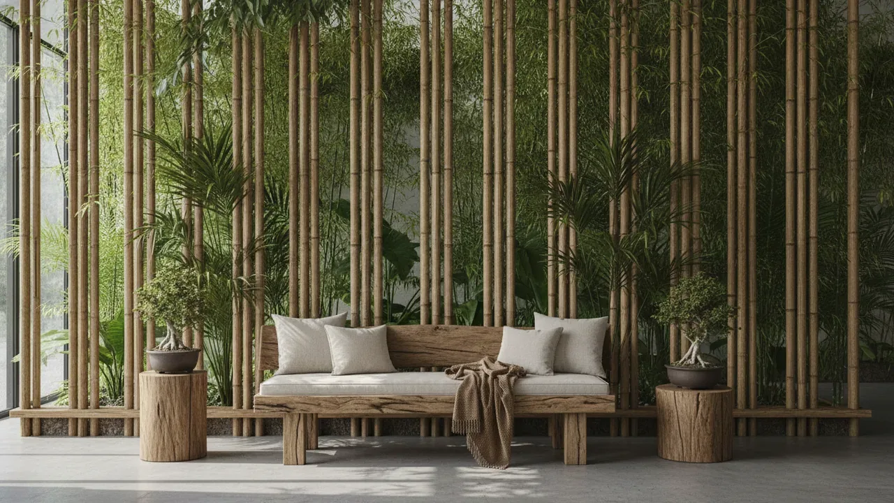 Vertical bamboo pole screen behind a timber daybed, with green planting and a polished concrete floor