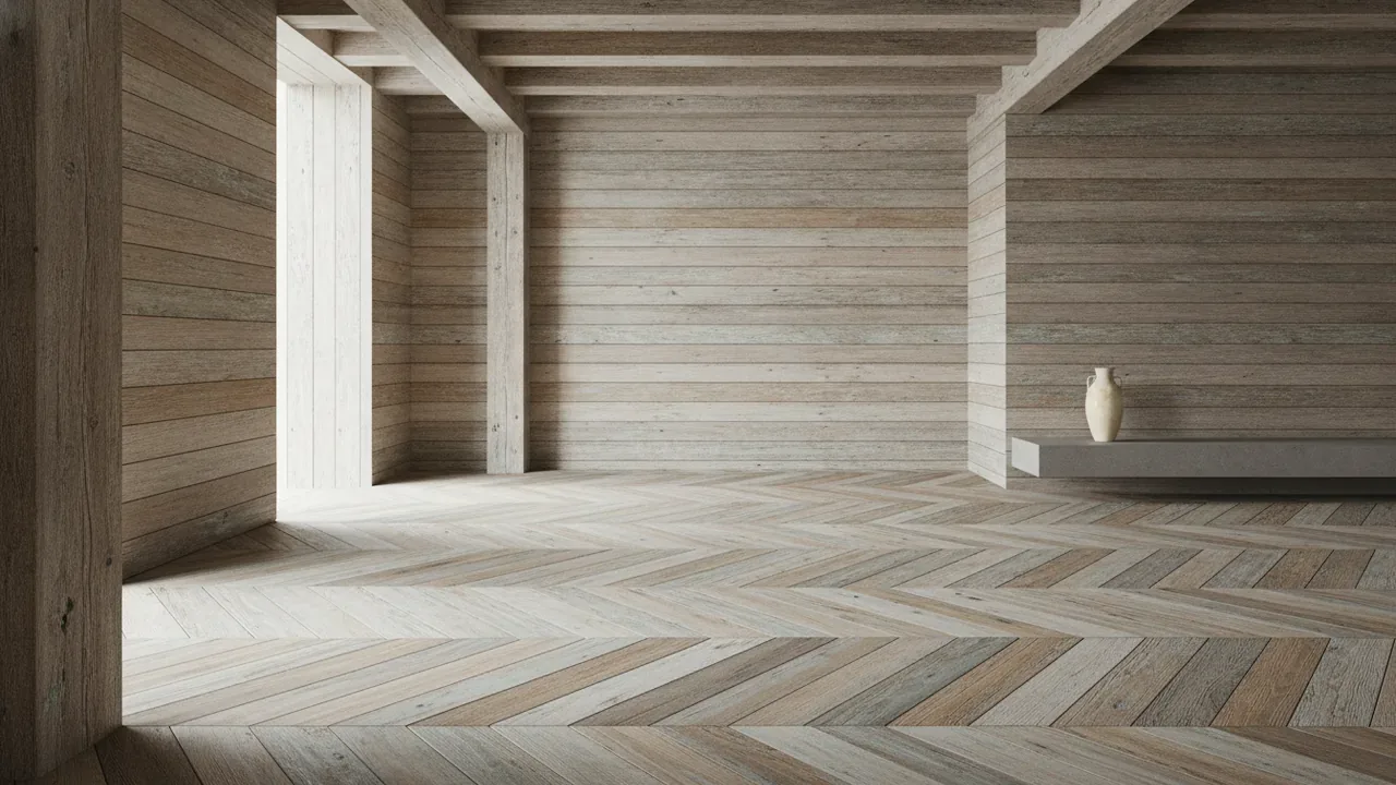 Empty room clad in weathered reclaimed timber, with exposed beams and a herringbone wood floor